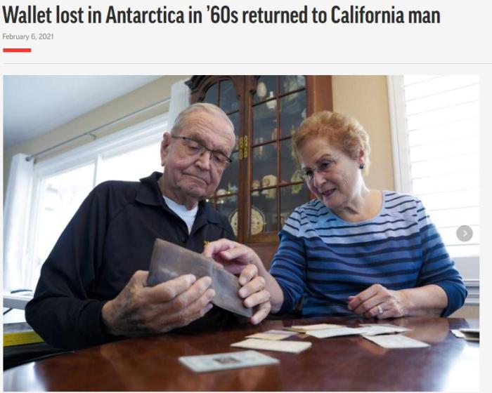 美国老兵在南极服役时遗失钱包 53年后物归原主